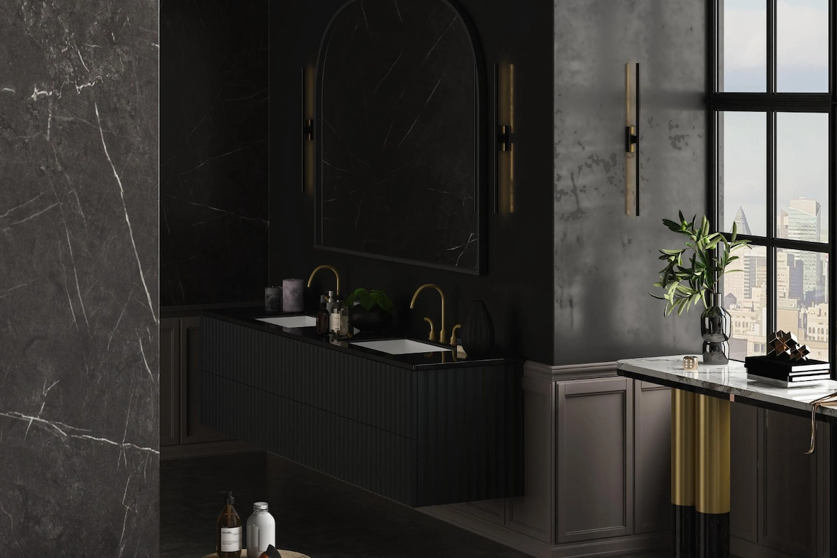Antique-Style Bathroom Walls with Dark Porcelain Finish